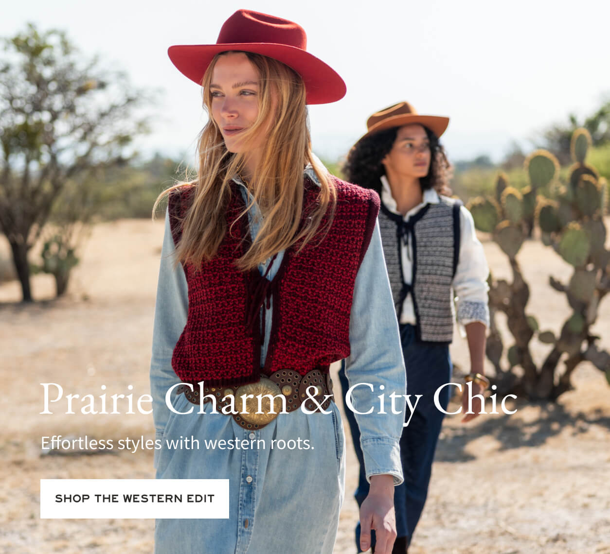Two people in western-themed clothing with text overlay in a desert setting.