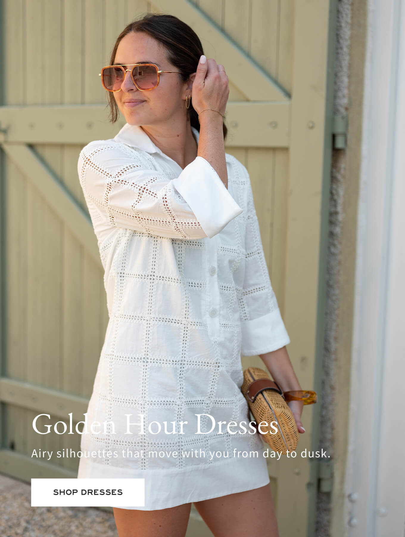 Golden Hour Dresses - Airy silhouettes that move with you from day to dusk. - Shop Dresses - Image of a woman wearing a white dress with crochet details.