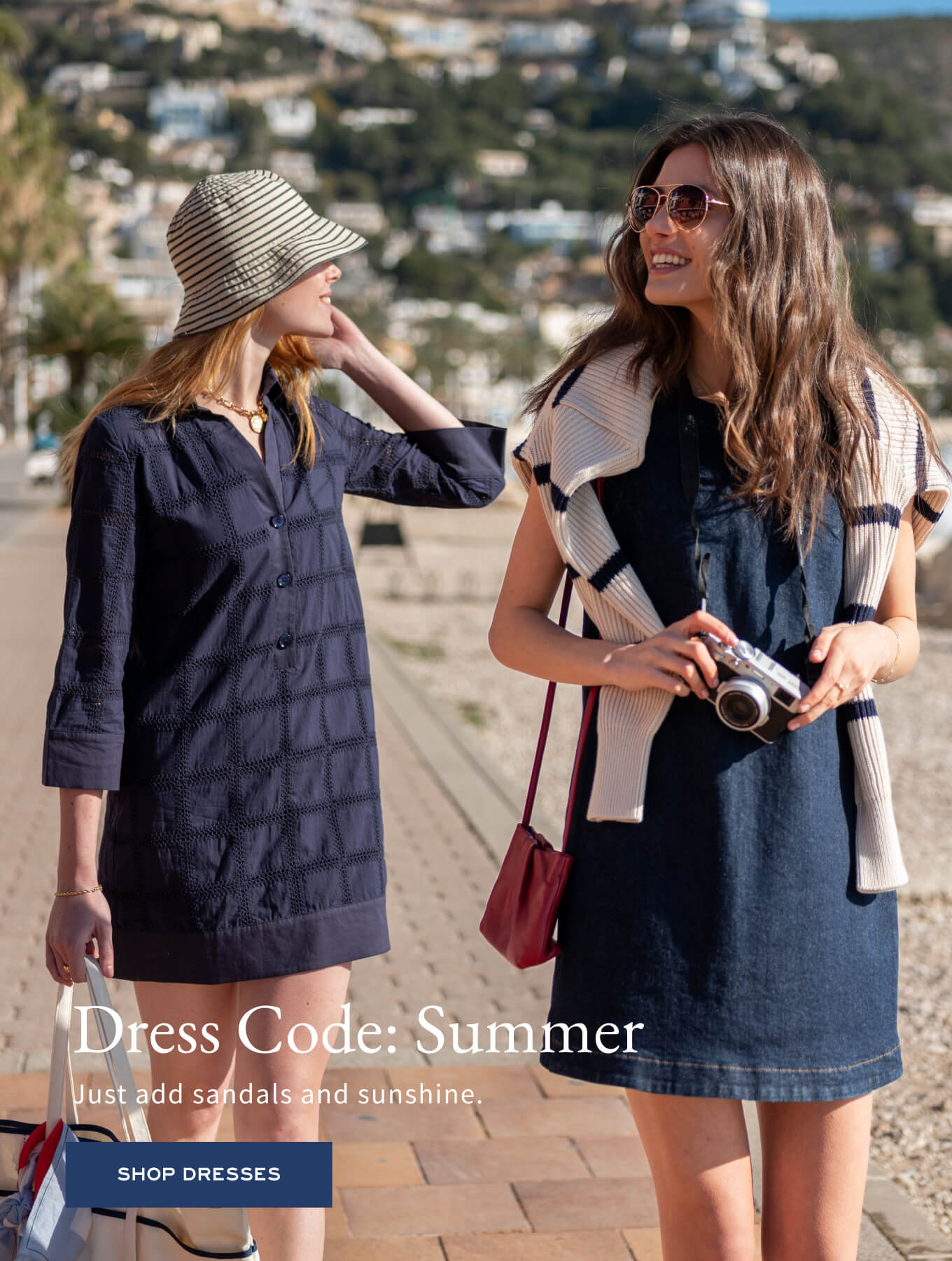 MERSEA navy blue textured button-down tunic dress and a woman in a denim dress with a patterned knit wrap.