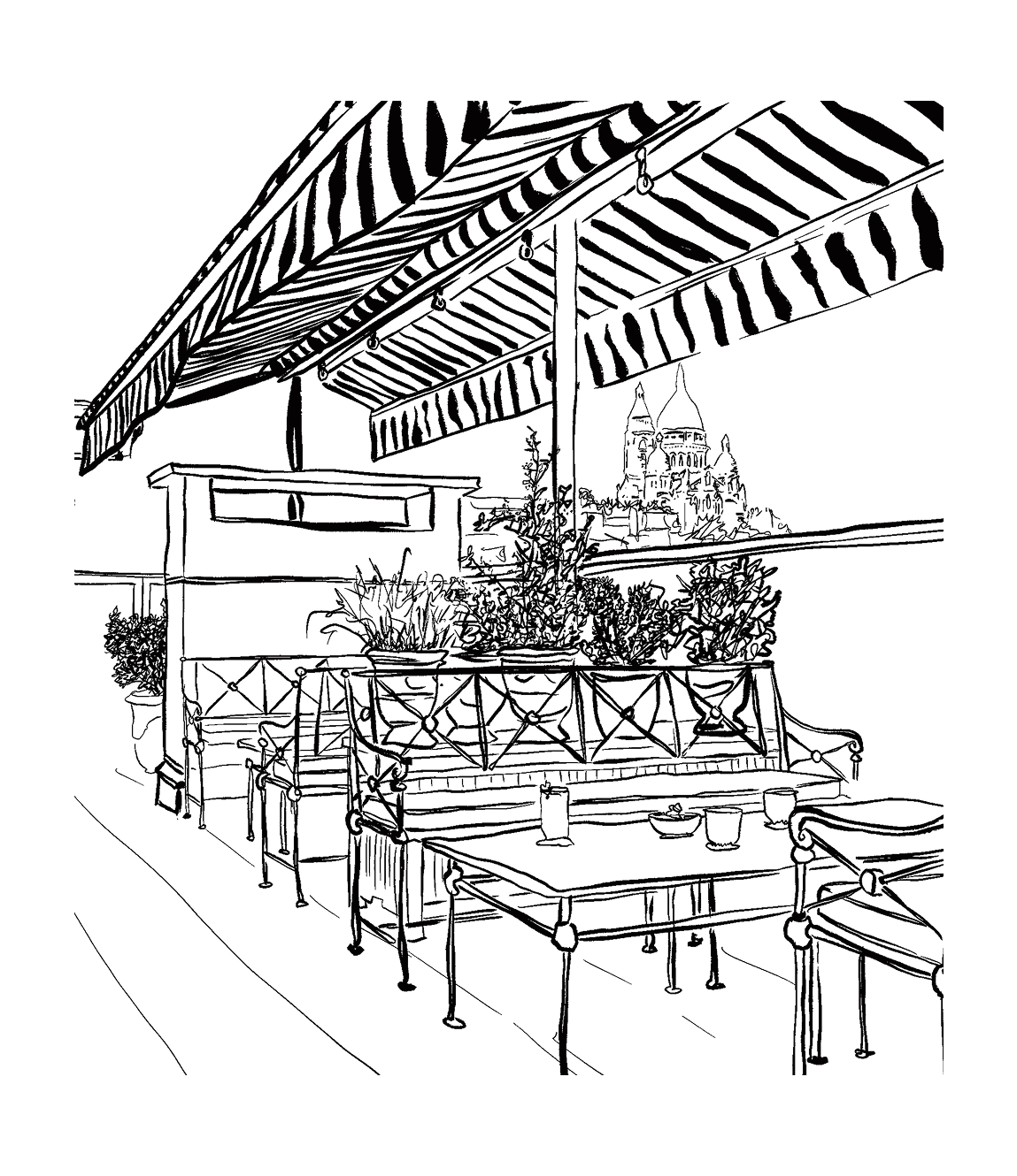 Line drawing of an outdoor cafe with tables, chairs, and striped awnings.