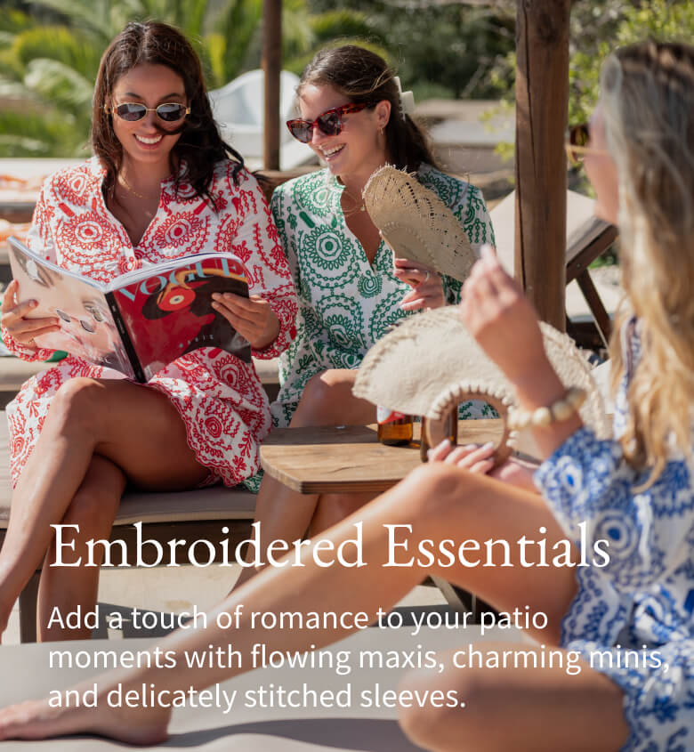 Embroidered Essentials - Add a touch of romance to your patio moments with flowing maxis, charming minis, and delicately stitched sleeves. - Image of women wearing different colors of a embroidered dress with long sleeves and v-neck that falls above the knee.