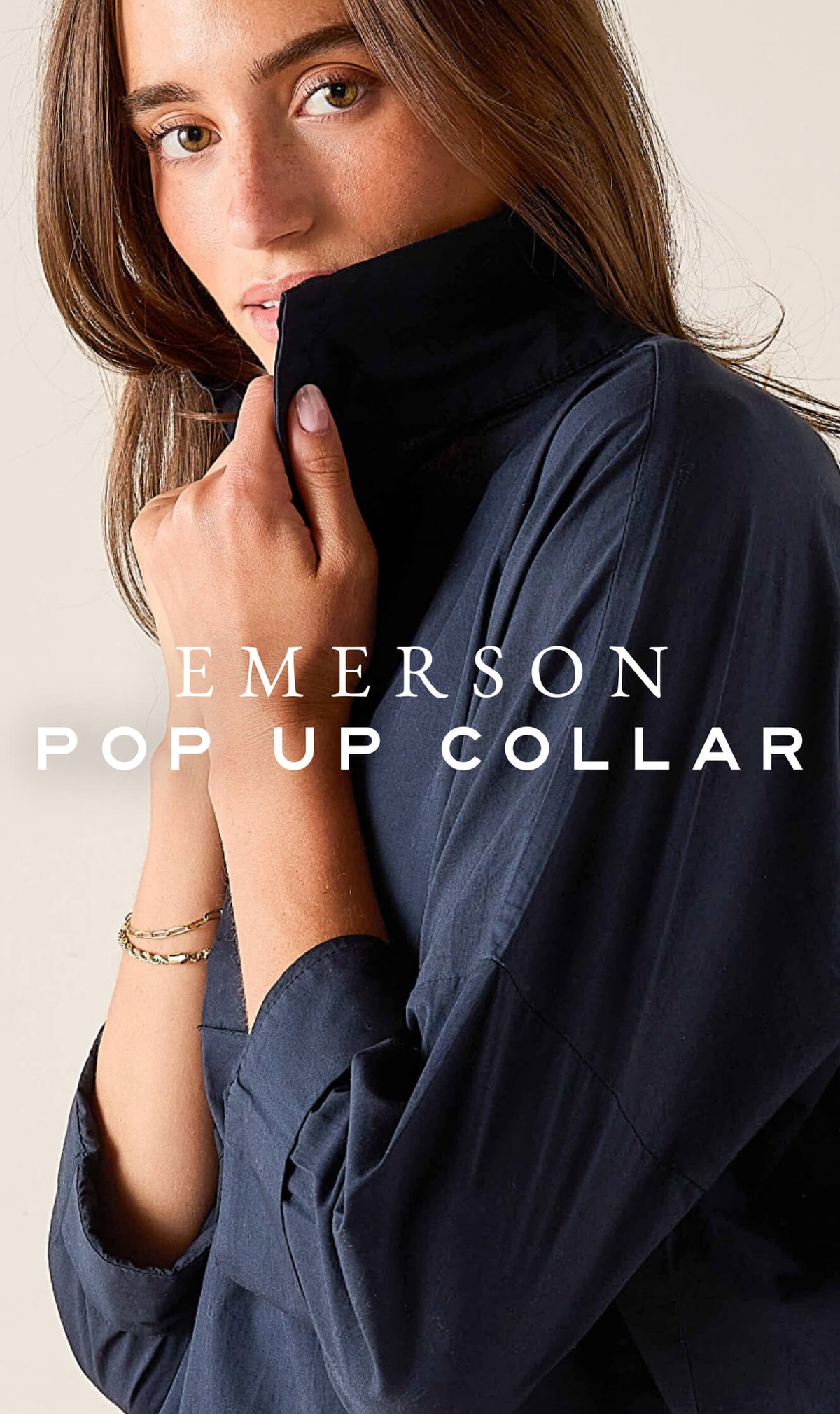 Promotion for the Emerson Pop Up Collar shirt. Text: 'EMERSON POP UP COLLAR'