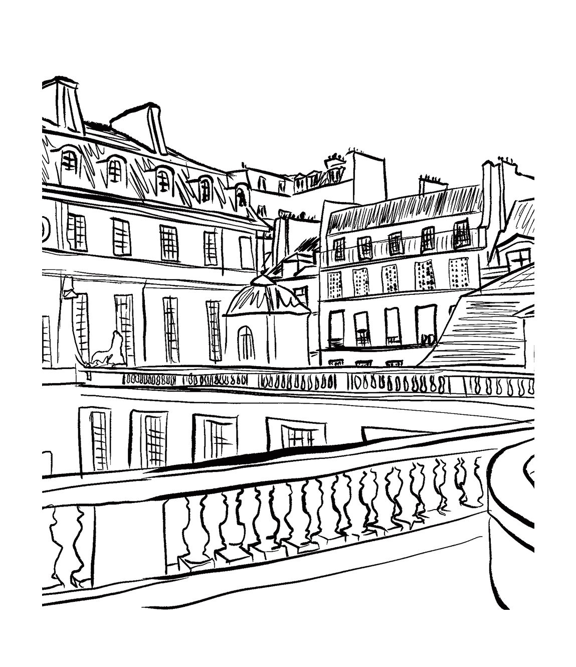 Black and white line drawing of a city street with buildings and a canal.