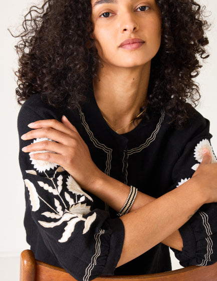 Close up image of a black linen top with long sleeves with embroidered details