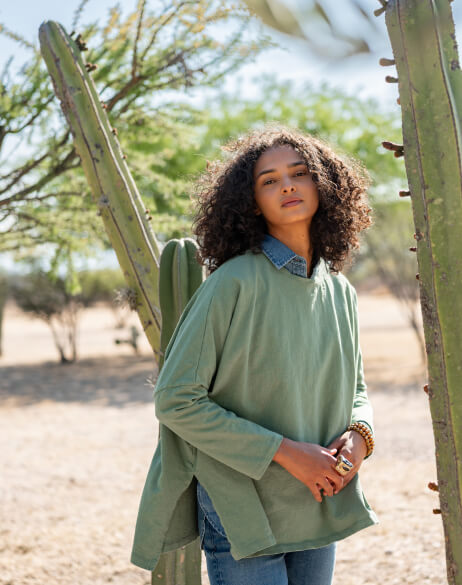 Woman standing in a desert landscape with cacti