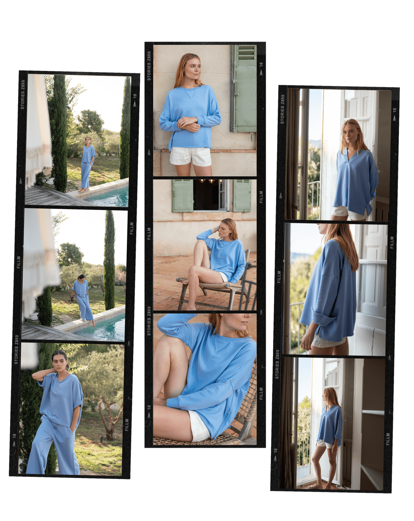 Collage of a woman wearing a blue outfit in various settings.