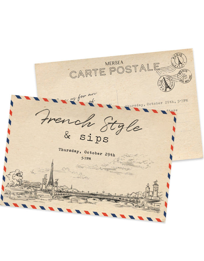 An invitation card for an event with a vintage aesthetic. The card features a scenic sketch of a Parisian skyline and a classic train, with a red, white, and blue border. Text on image: 'MERSEA CARTE POSTALE', 'French Style & sips', 'Thursday, October 25th, 5-7PM', 'jury for men', 'Thursday, October 25th, 5-7PM', 'voter'.