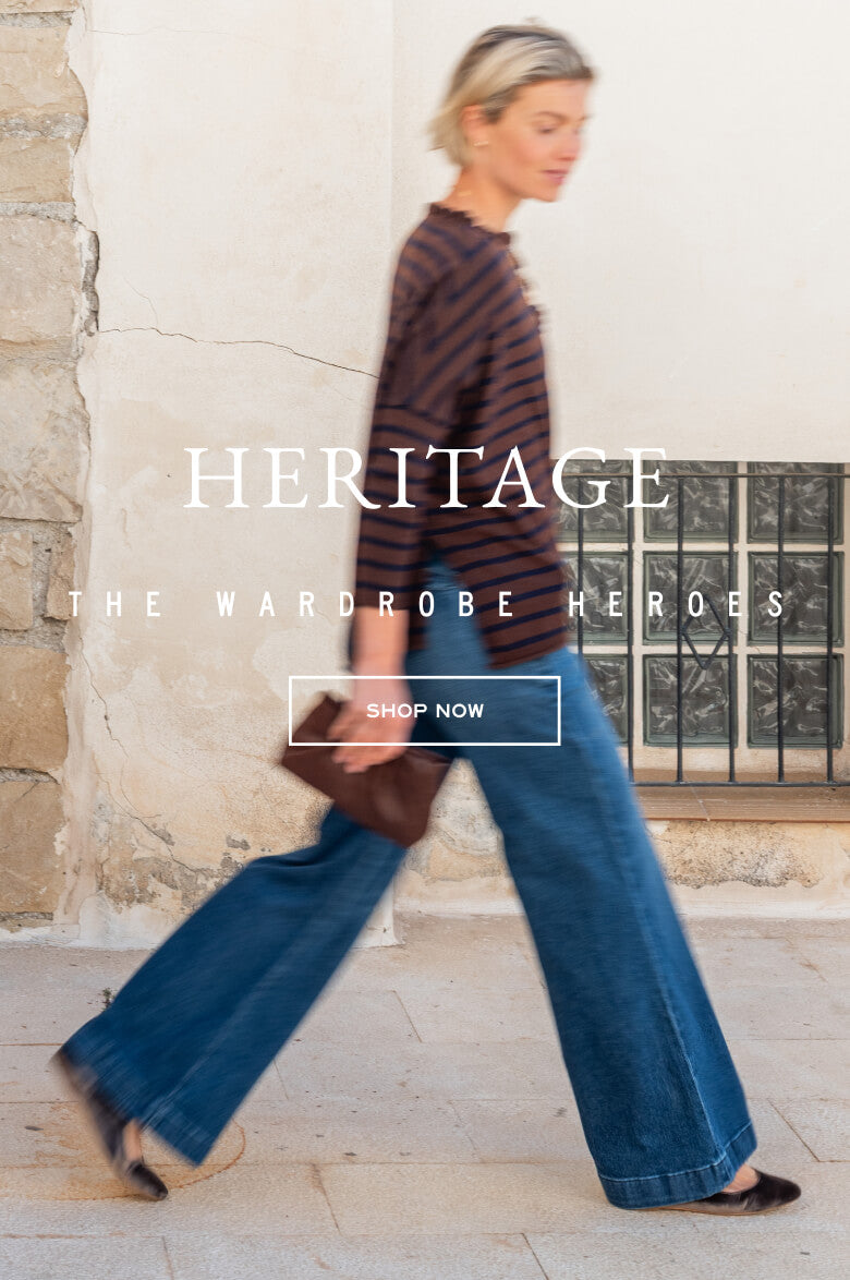 Brown and tan striped knit top paired with wide-leg blue denim jeans. Text: HERITAGE THE WARDROBE HEROES SHOP NOW