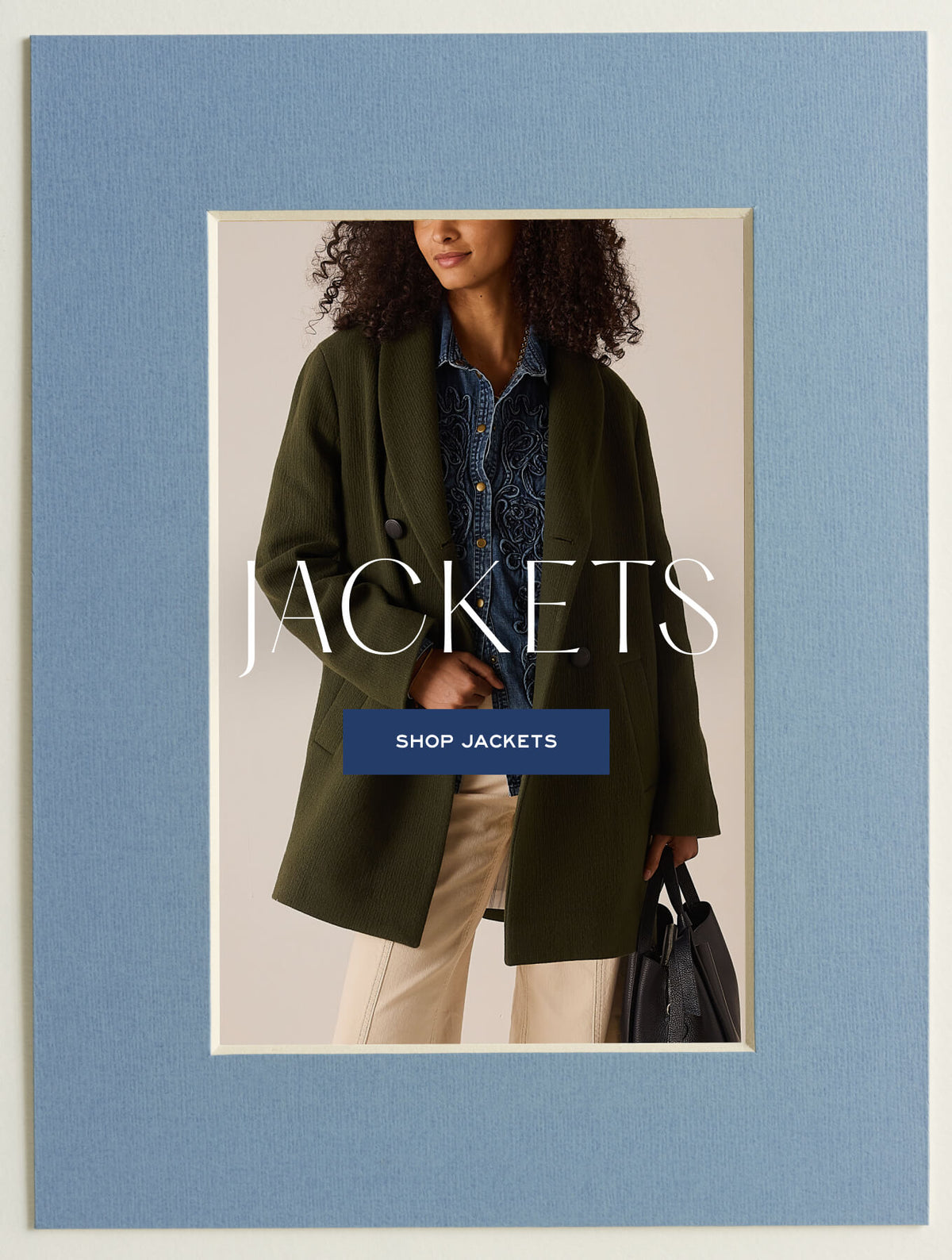 Promotional banner for jackets. Text: 'JACKETS', 'SHOP JACKETS'