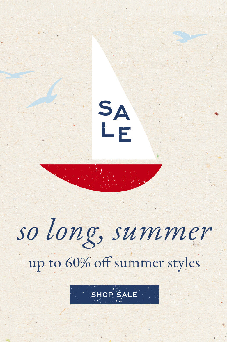 Sale promotional banner with a stylized sailboat illustration and beach birds. Text: 'SALE', 'so long, summer', 'up to 60% off summer styles', 'SHOP SALE'