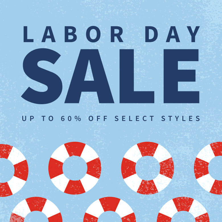 Labor Day sale advertisement with red and white lifebuoys on a blue background