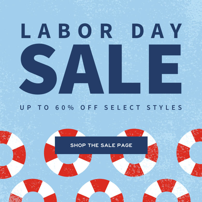 Labor Day sale advertisement with red and white lifebuoys on a blue background