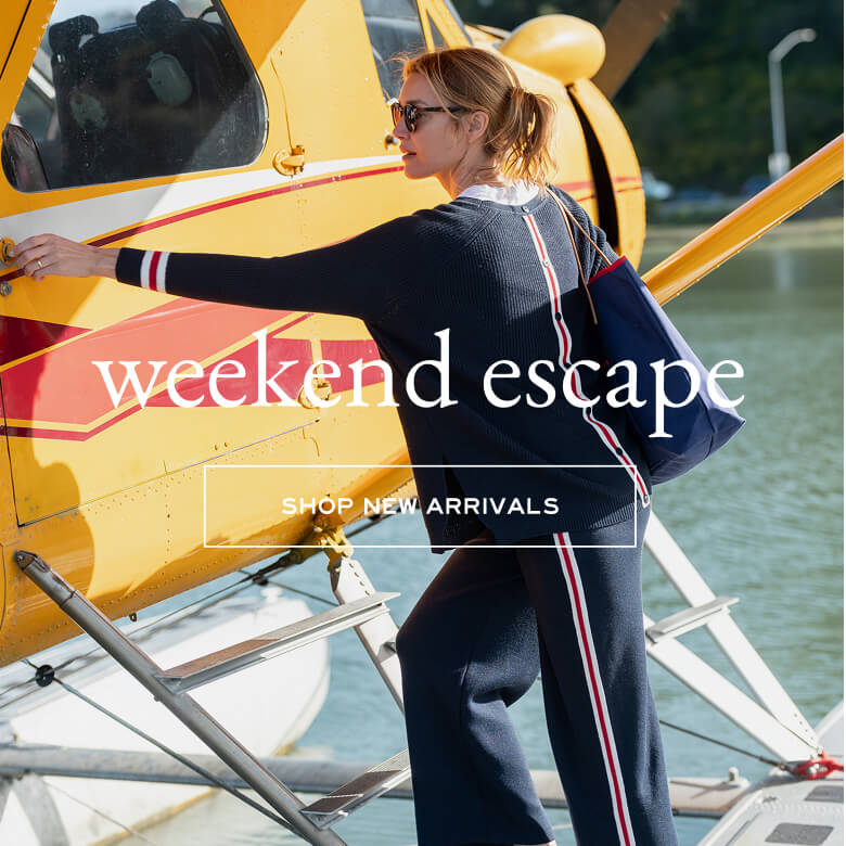 Woman standing next to a small airplane with 'weekend escape' text overlay