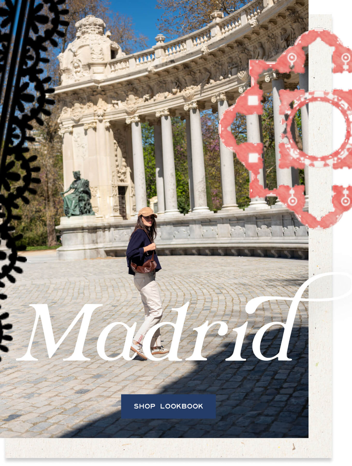 A woman in a travel-friendly ensemble with a sun hat and crossbody bag stands before an ornate stone archway in a courtyard. Overlay text: 'Madrid' and a call-to-action button that reads 'SHOP LOOKBOOK'.