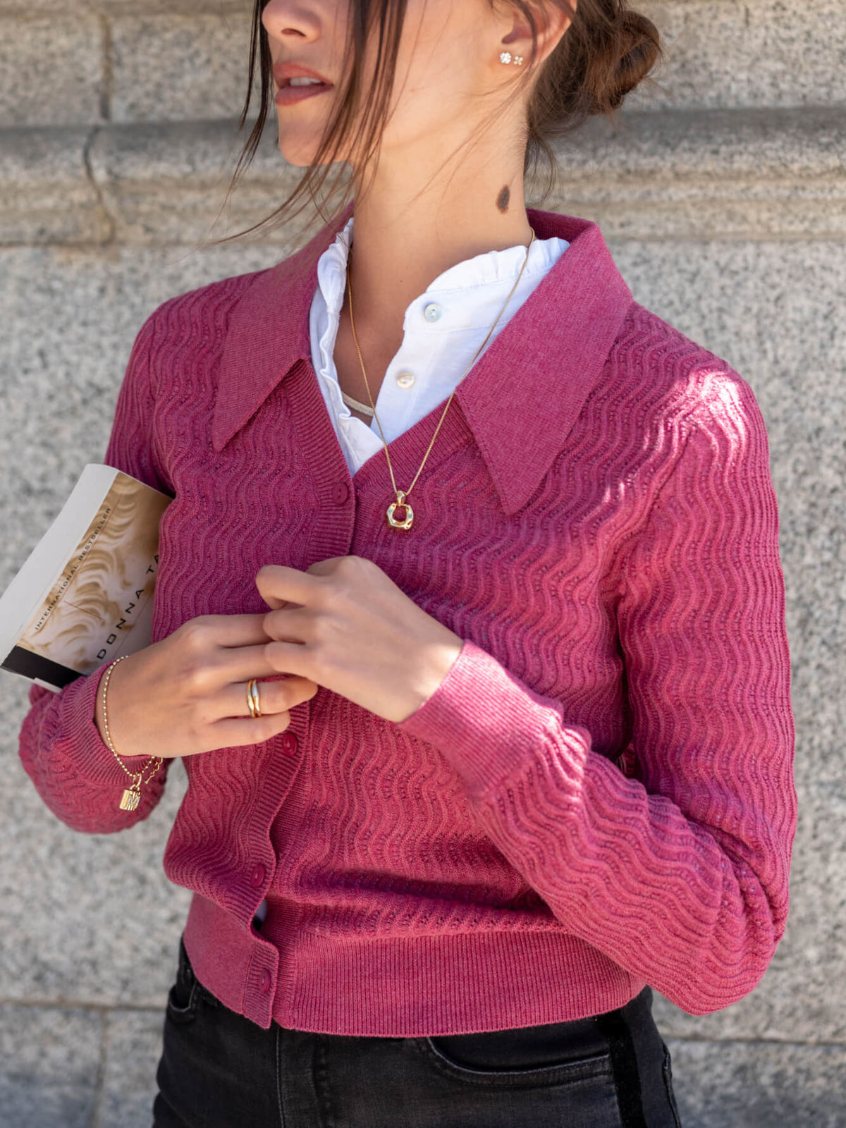 Berry ribbed knit cardigan with a wide pointed collar
