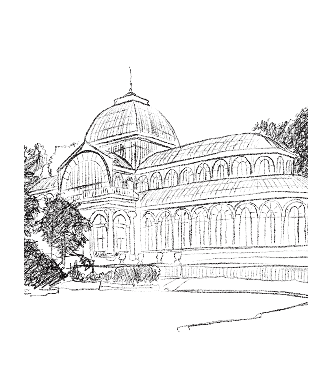 Hand-drawn black and white pencil sketch of the Palacio de Cristal, the domed glass and iron pavilion in Madrid's Retiro Park, framed by trees.
