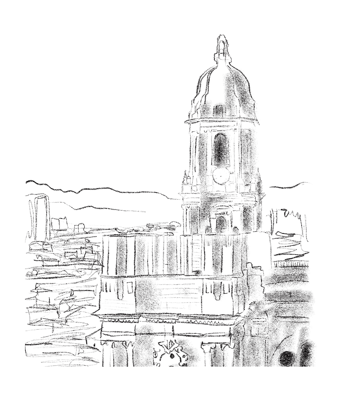 Hand-drawn black and white pencil sketch of Málaga Cathedral's domed bell tower rising above the city rooftops, with mountains in the background.