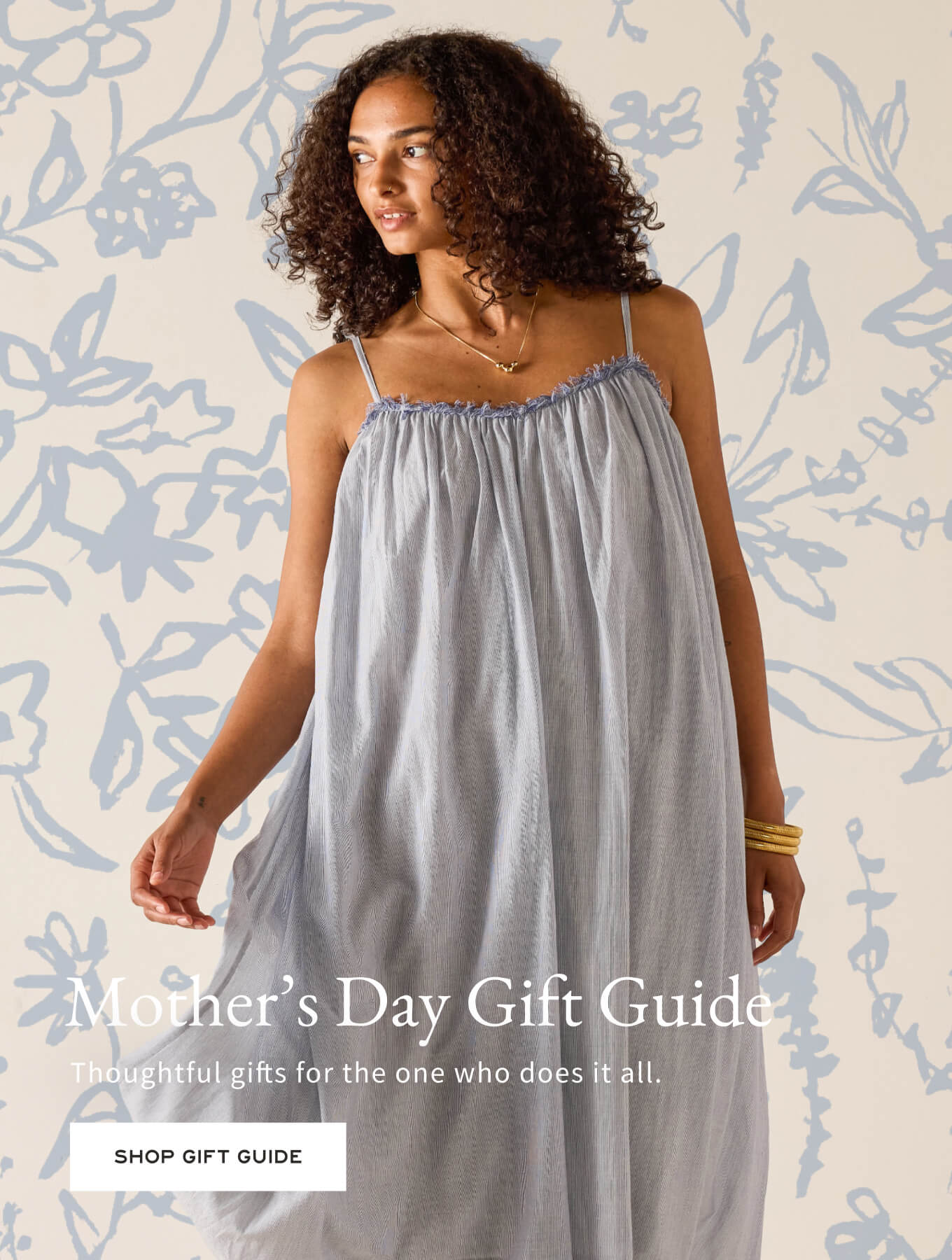 Woman wearing a light gray dress with floral patterned background and text overlay.
