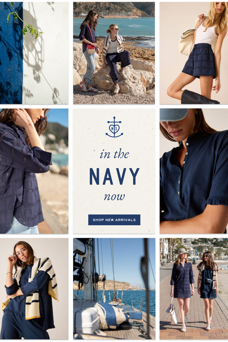 MERSEA navy blue button-down shirt and various resort wear pieces in coastal beach settings.