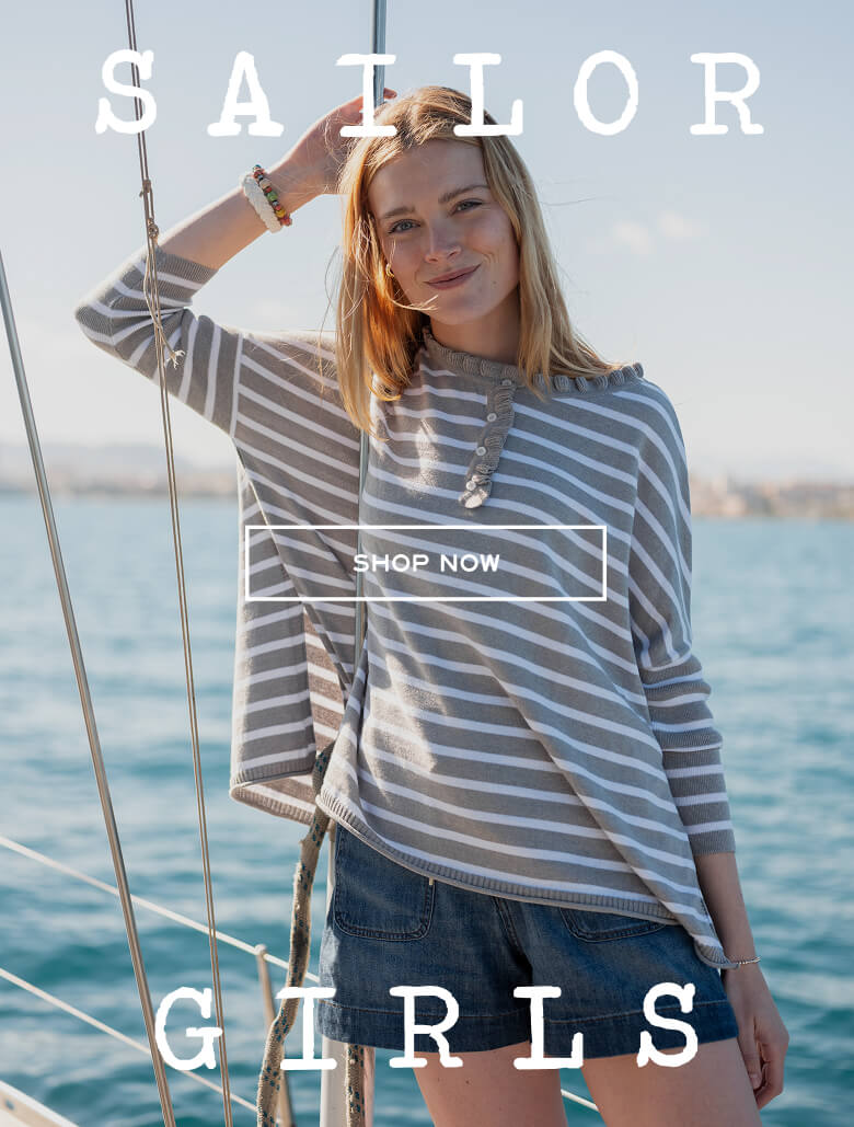 Navy and white striped knit top with button details over denim shorts. Text: SAILOR GIRLS SHOP NOW