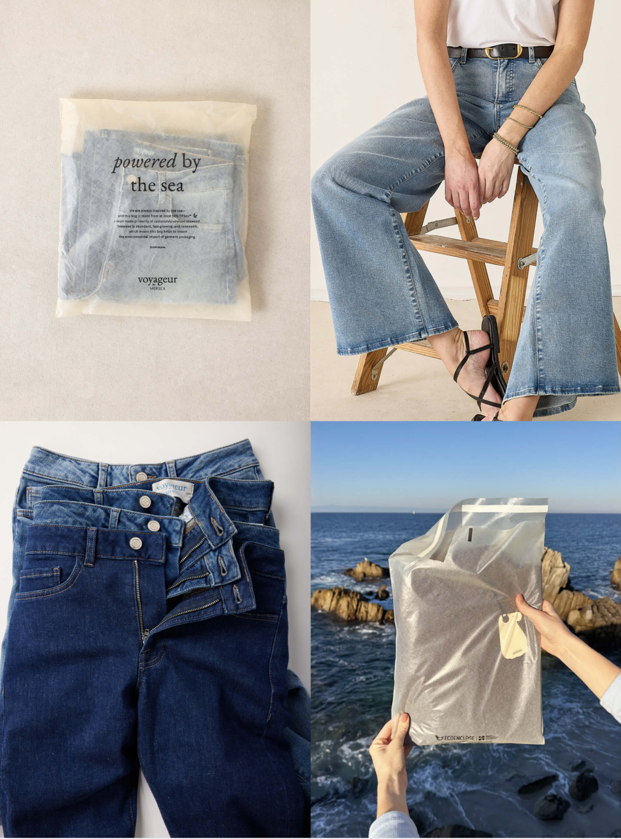 Collage of denim jeans with packaging and a person wearing them.