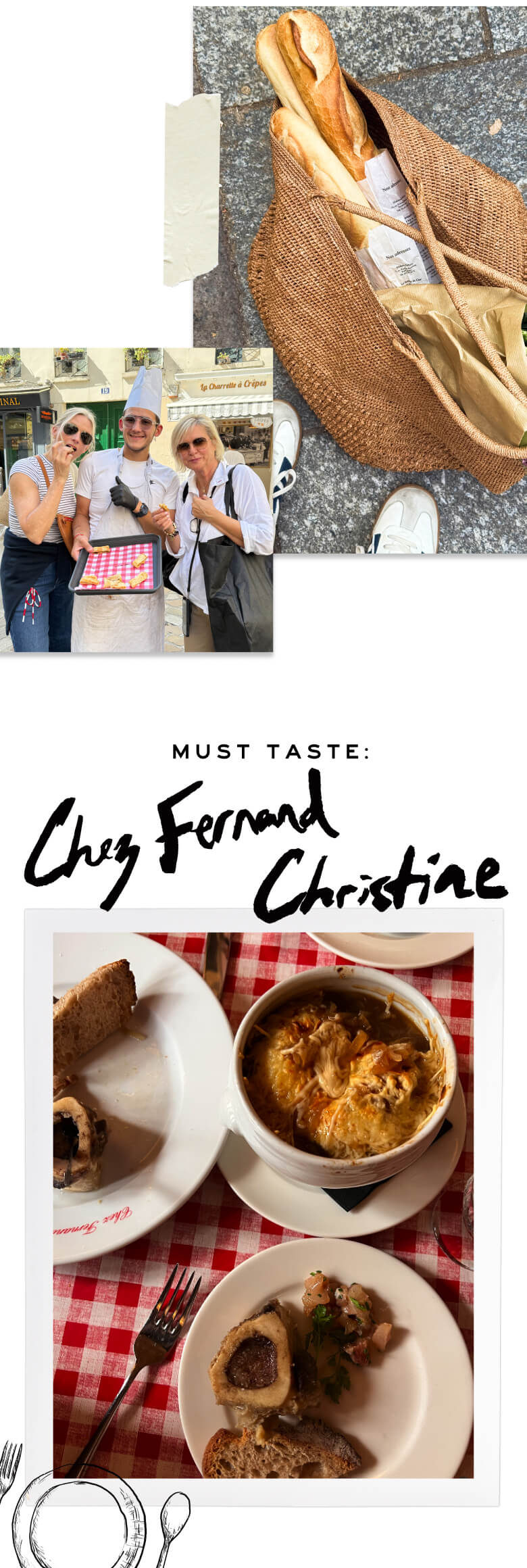 Collage of images including a basket, people at an event, and food on a checkered tablecloth.