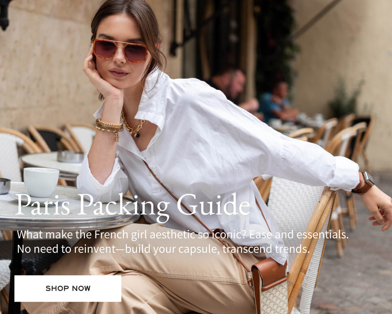 Woman sitting outdoors with text overlay about a 'Paris Packing Guide' and shopping now button.