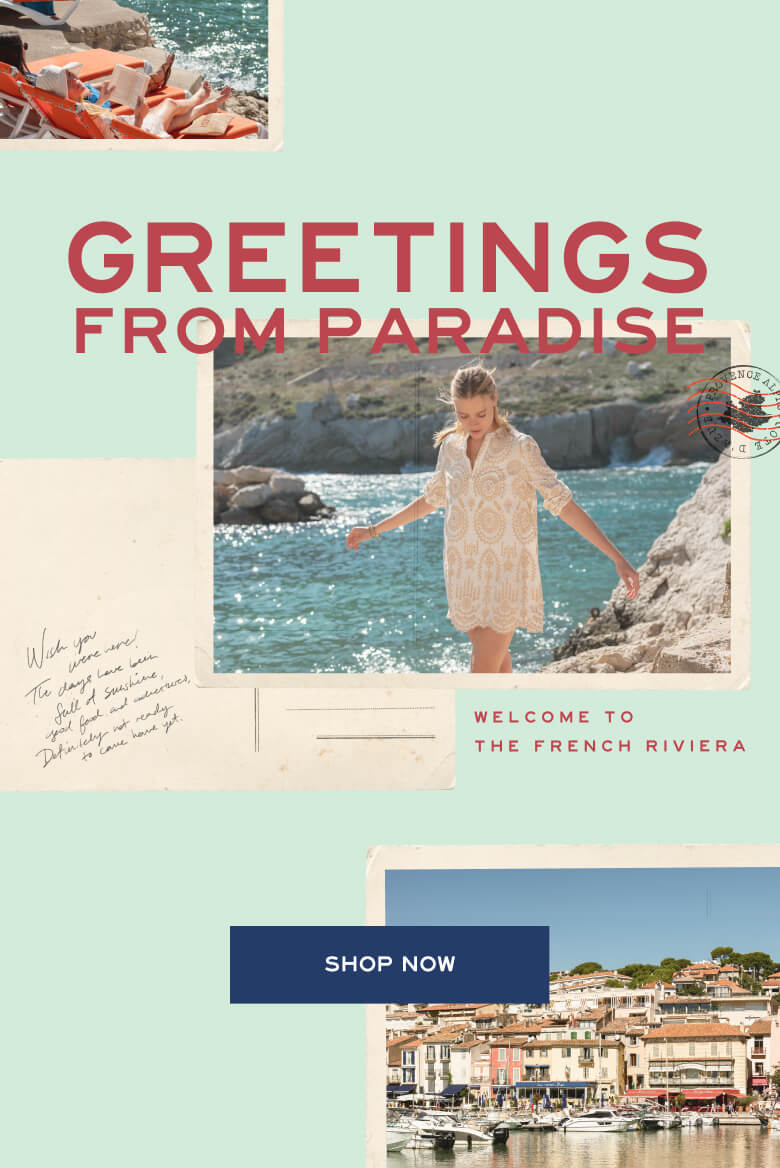 Promotional graphic for 'Greetings from Paradise' with scenic images and a 'Shop Now' button.