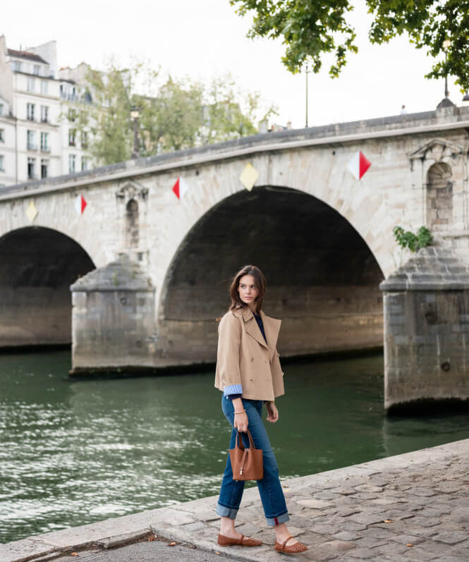 Image of a woman wearing a tan peacoat.