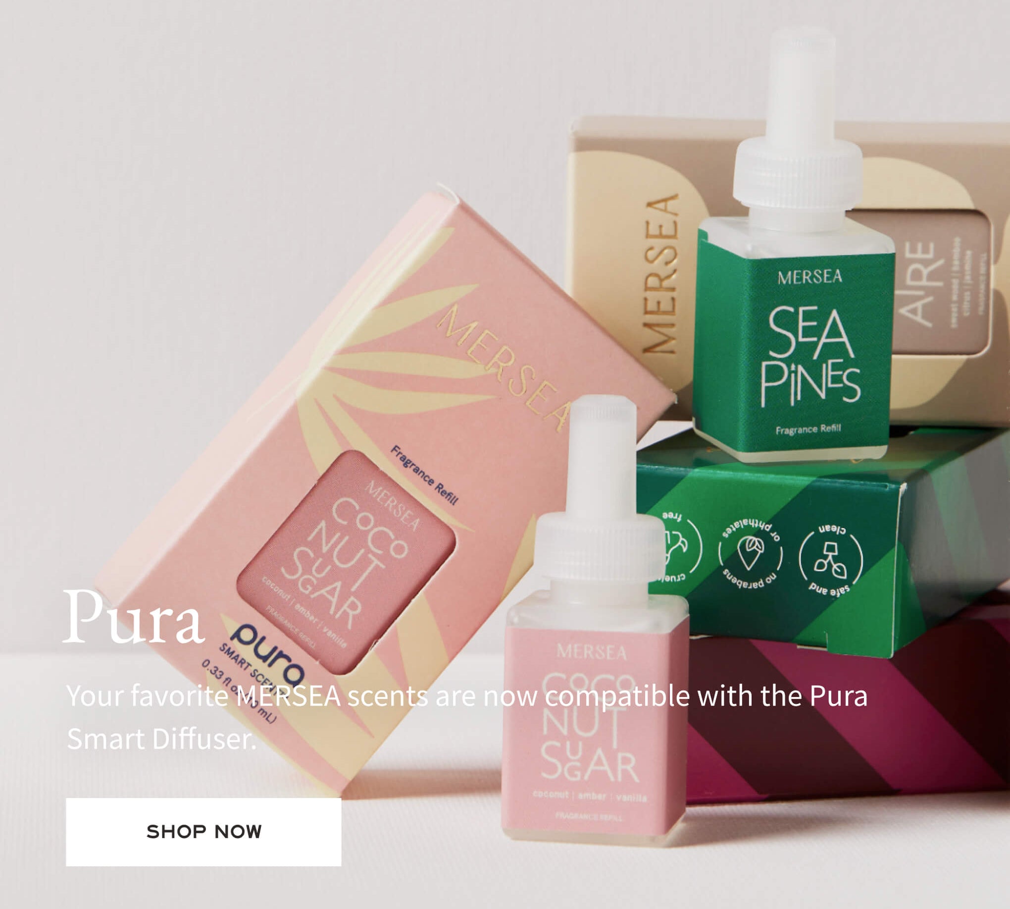 MERSEA products including bottles and boxes on a light background with promotional text.
