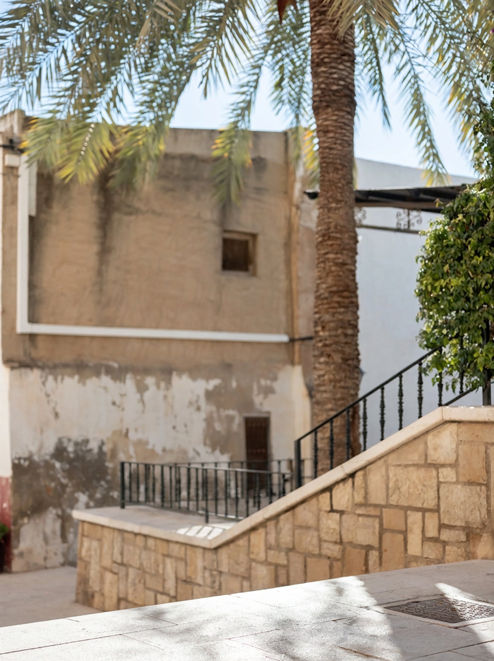 A sun-dappled courtyard scene featuring an aged stone building with a weathered facade and a palm tree in the foreground. A low stone wall with a dark metal railing leads toward a doorway.