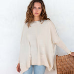 Women's Beige Crewneck Sweater with Long Sleeves and Front Pockets