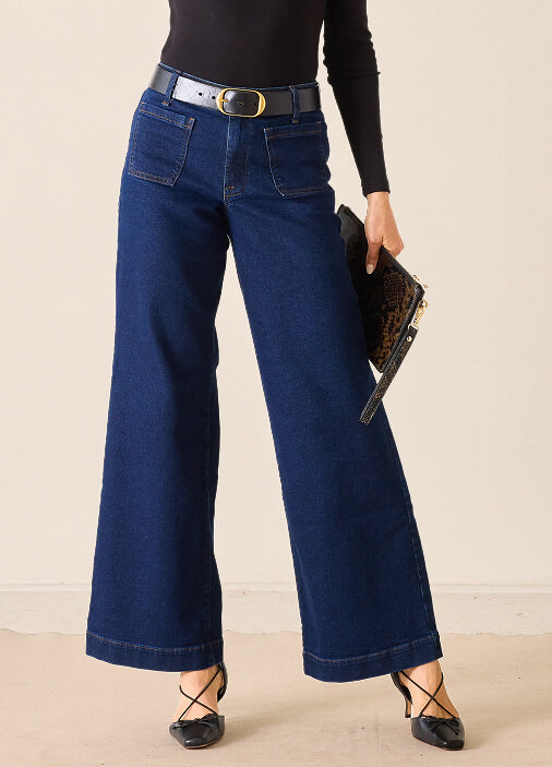 MERSEA ladies' travel-ready indigo blue wide-leg culotte pants in a structured denim-like fabric with front patch pockets and a belted waist.
