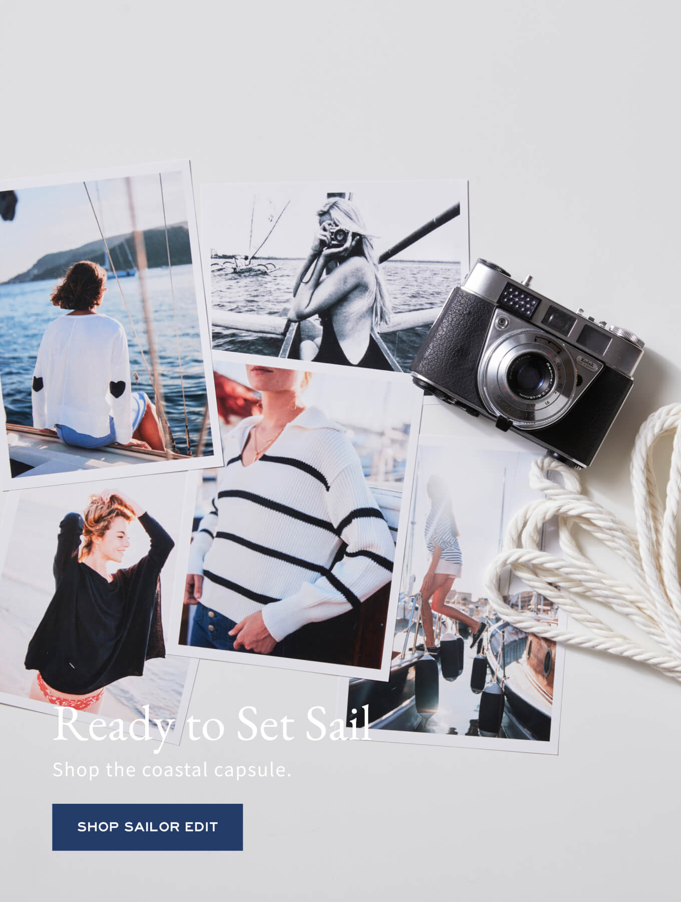 Collage of photos showing women in nautical-style knits and swimwear. Text: Ready to Set Sail. Shop the coastal capsule. SHOP SAILOR EDIT