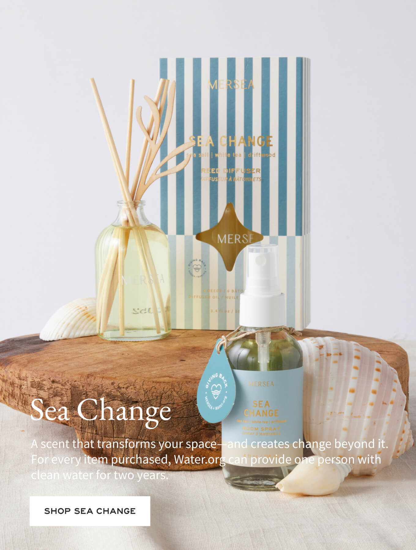 Mersea 'Sea Change' diffuser set on a wooden surface with a light background