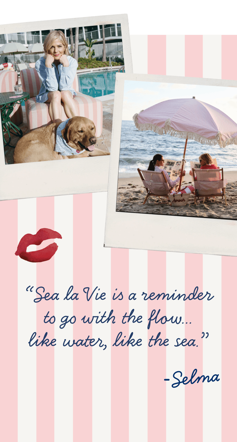 Collage of people by a pool and at the beach with a quote and lipstick mark on a pink striped background.