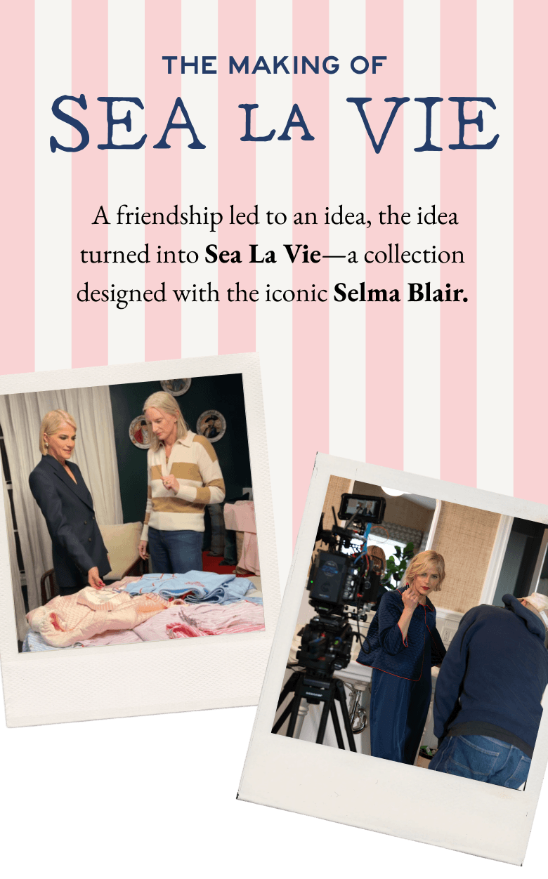 Promotional poster for 'The Making of Sea La Vie' featuring Selma Blair and a pink striped background.