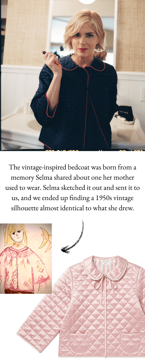 Woman holding a phone with a mirror reflection, pink quilted jacket, and child's drawing of a similar jacket.
