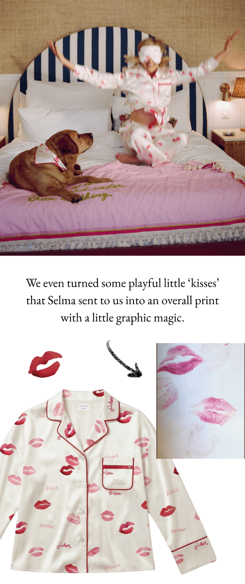 Person in pajamas with a dog on a bed, wearing eye masks, with a close-up of pajama fabric and lipstick marks.