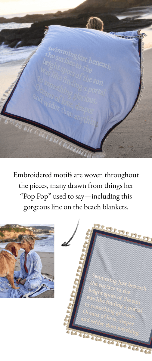 Blanket with text on a beach, framed text piece, and two people sitting on a blanket.