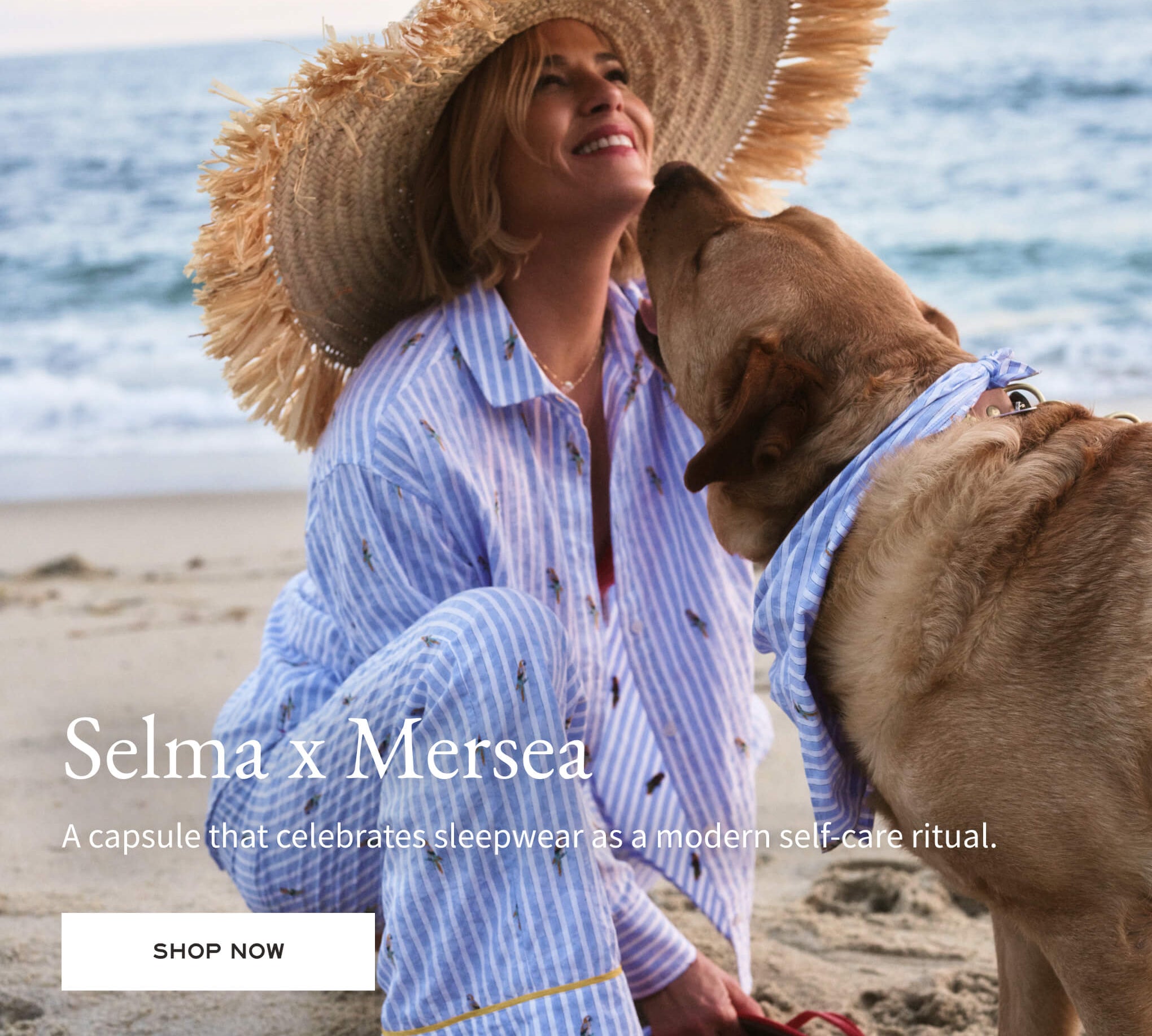 Woman in a straw hat and patterned shirt sitting on the beach with a dog, with text overlay promoting a capsule collection.