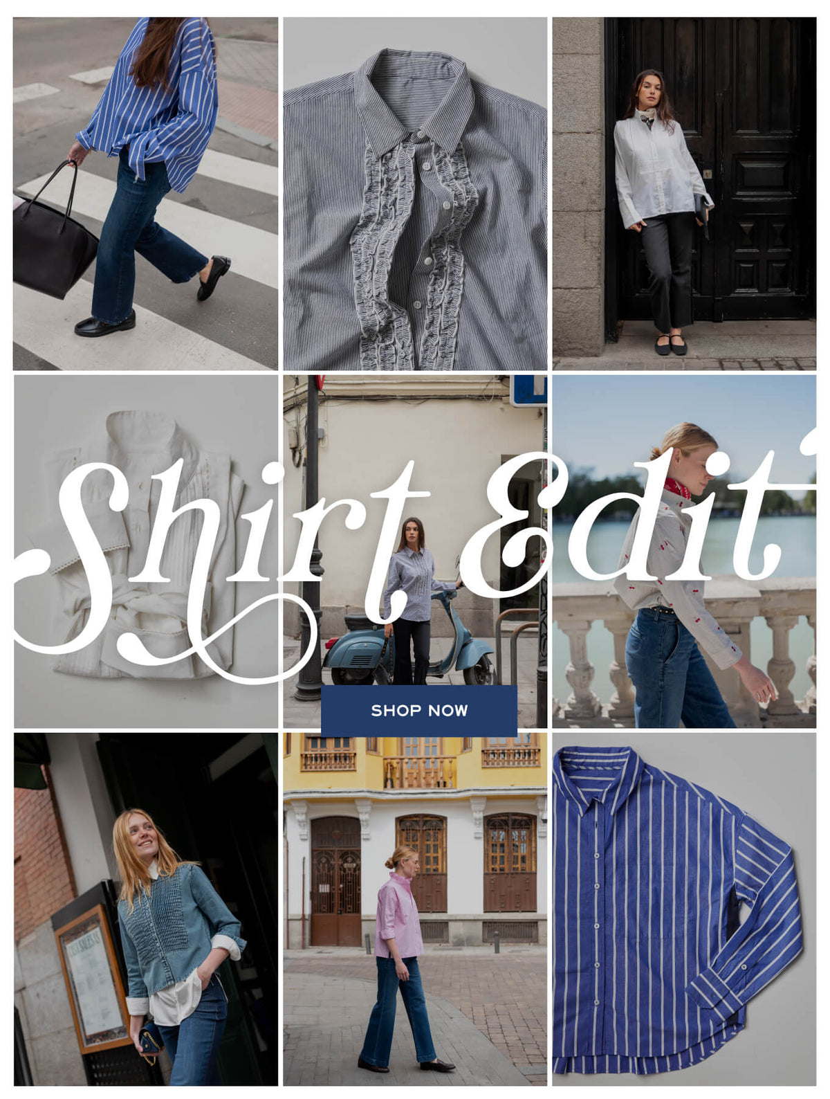 Collage of women in various travel-friendly linen shirts and a studio shot of a striped button-down. Text: 'Shirt Edit', 'SHOP NOW'