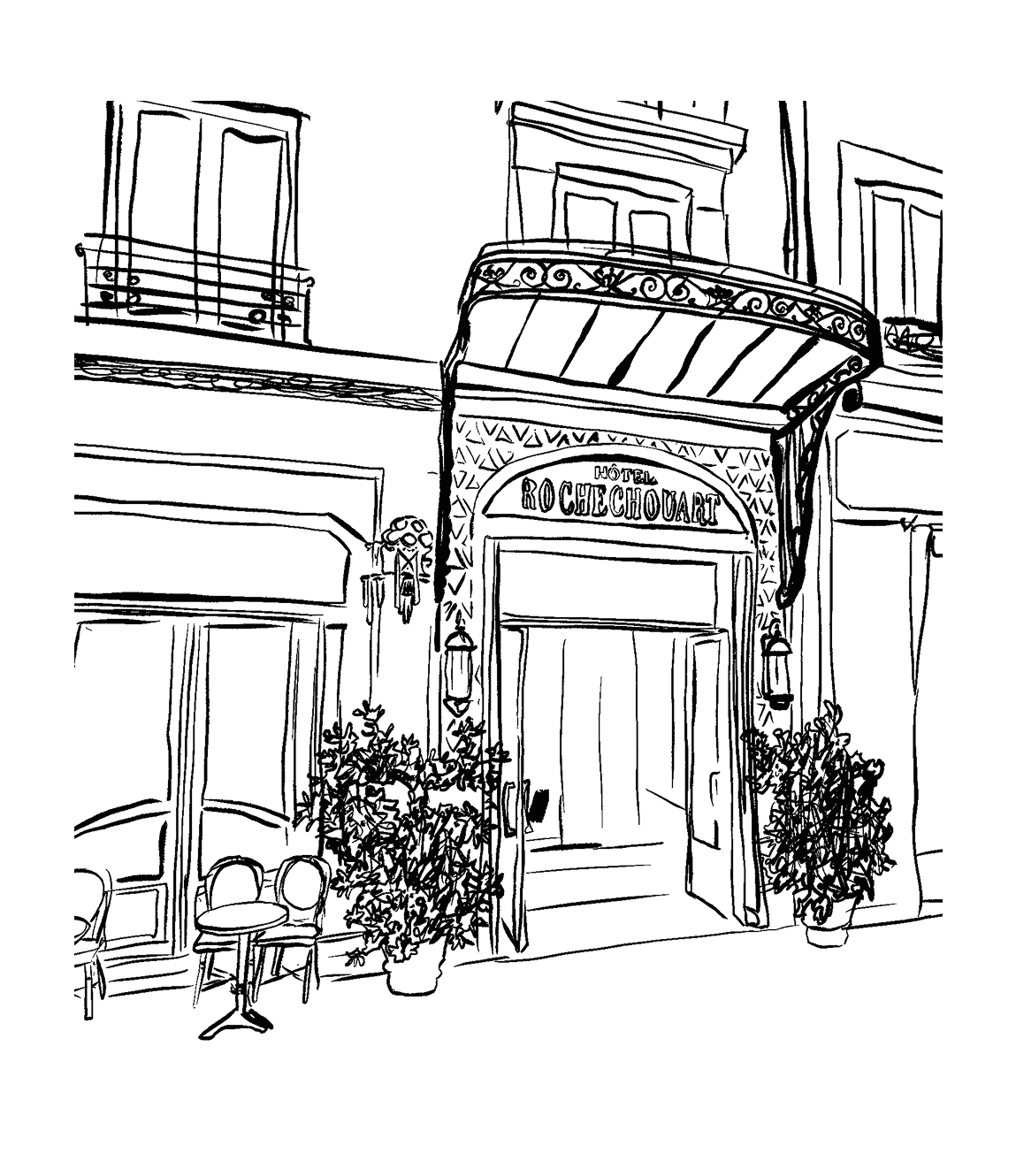 Black and white line drawing of a city street scene with a building entrance and plants.