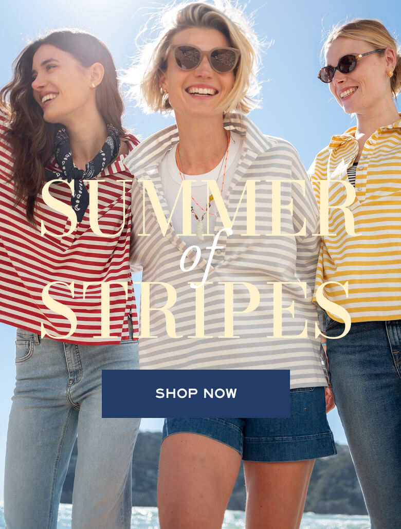 Striped tops in red, cream, and yellow worn by three models outdoors with 'SUMMER of STRIPES' text. Shop Now button.