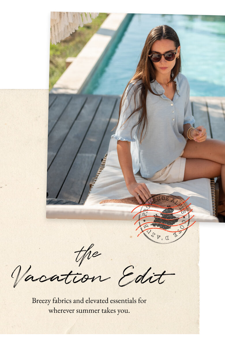 Woman sitting by a pool with text overlay 'The Vacation Edit' and brand logo.