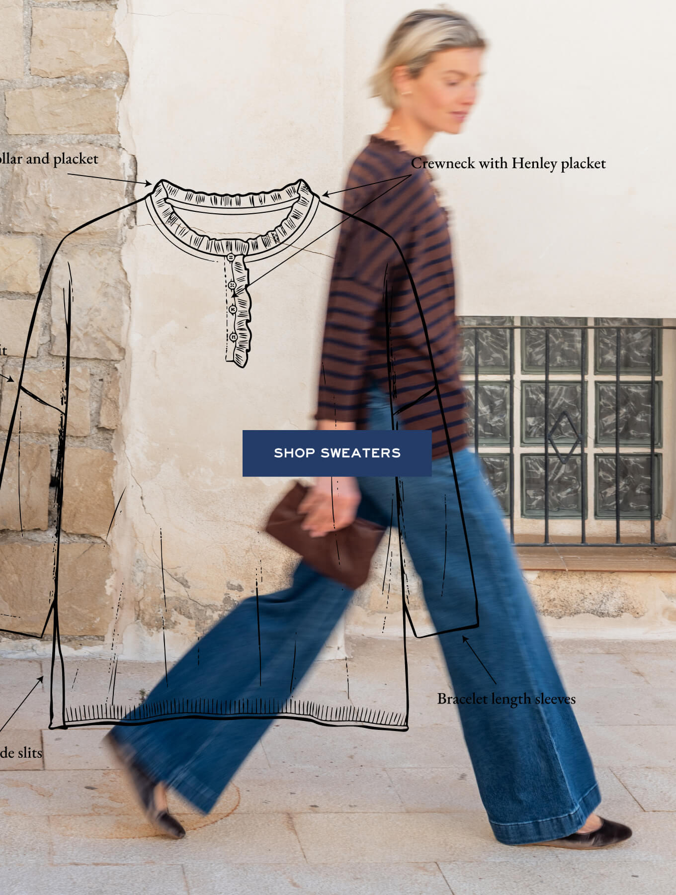 Navy and orange stripe knit top with a Henley placket. Text: SHOP SWEATERS
