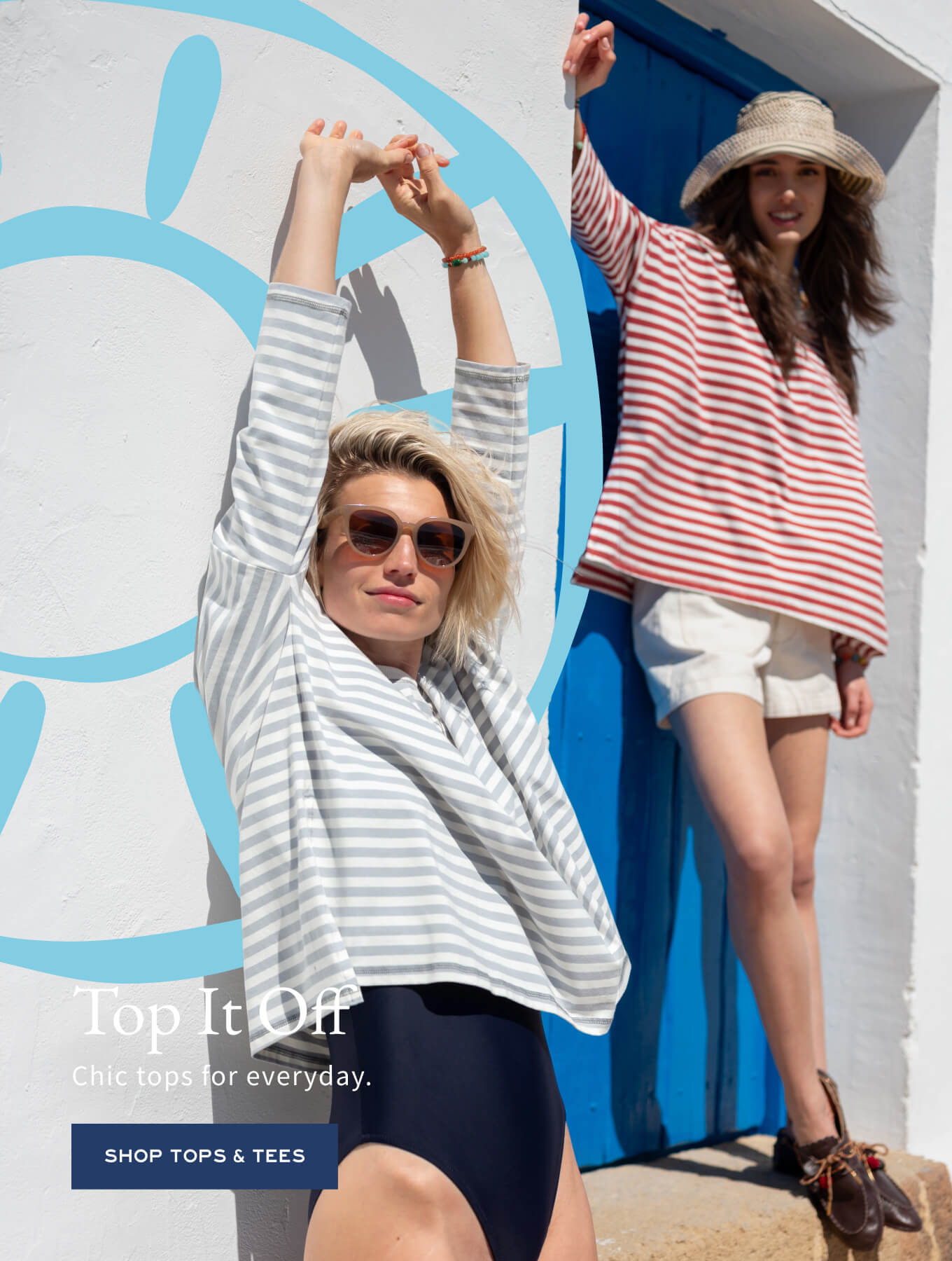 MERSEA women's travel-friendly striped tunic top in white and blue paired with a solid black one-piece swimsuit.