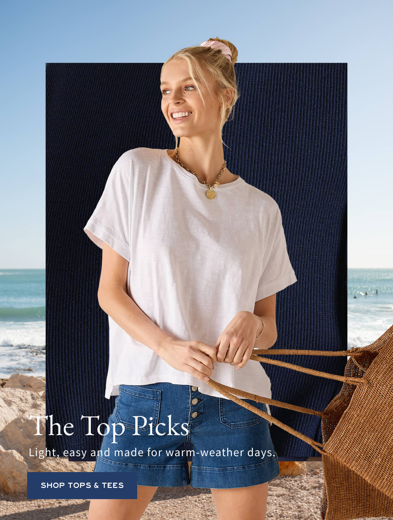 MERSEA white short-sleeve tee paired with blue denim shorts.