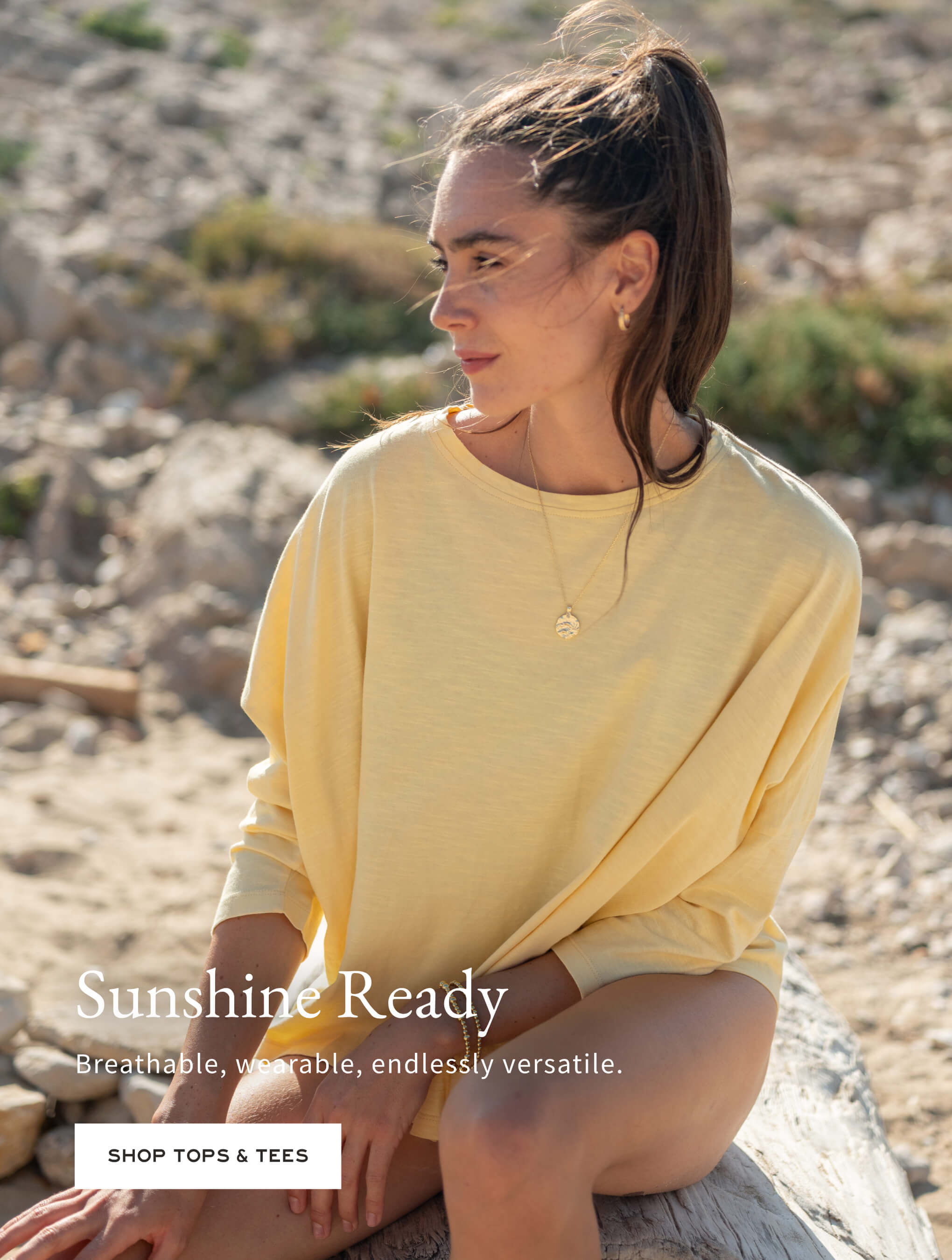 Sunshine Ready - Breathable, wearable, endlessly versatile. - Shop Tops & Tees - Image of a woman wearing a yellow long sleeve tee. 