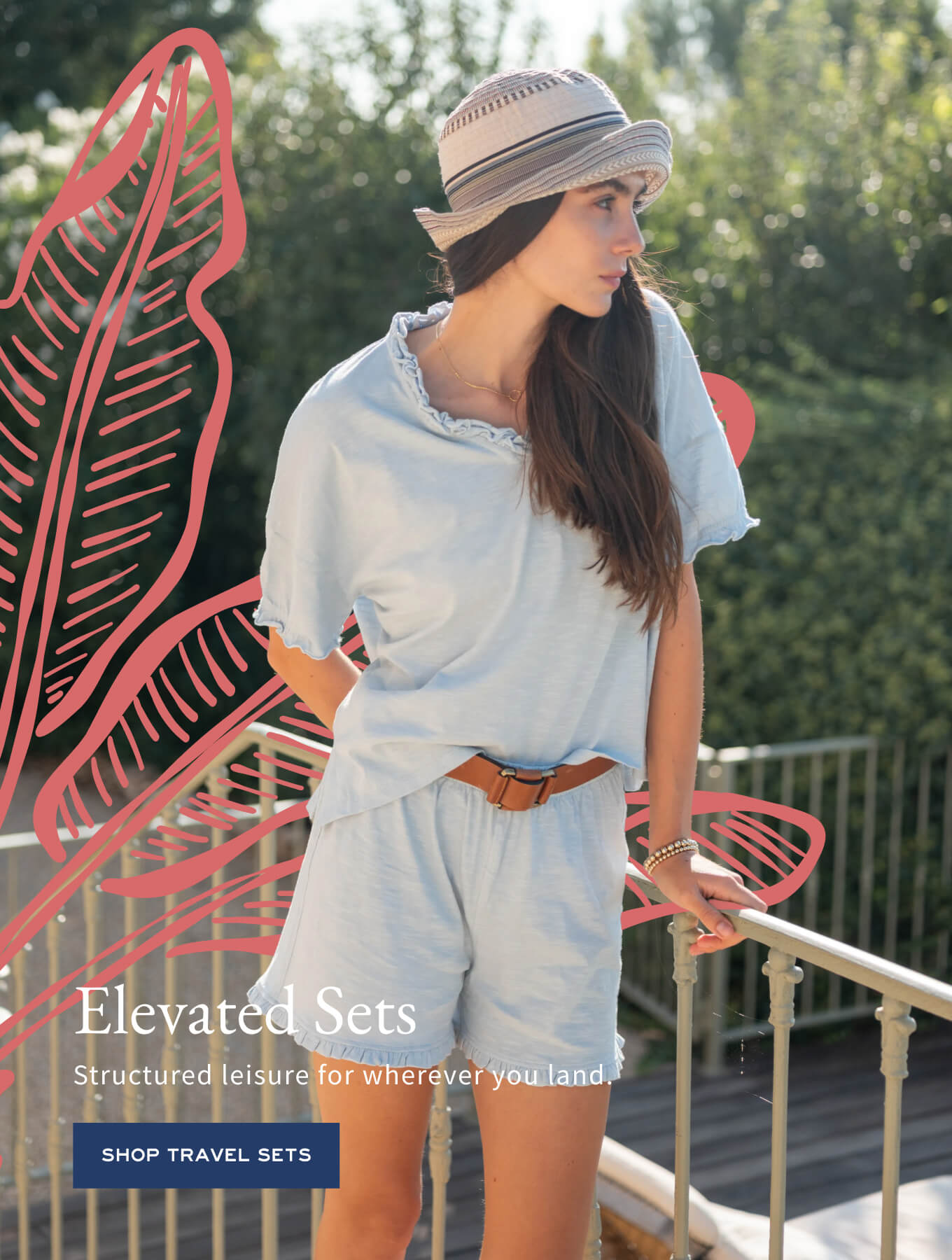 MERSEA women's travel-friendly light blue set featuring a short sleeve top with ruffles and matching shorts.